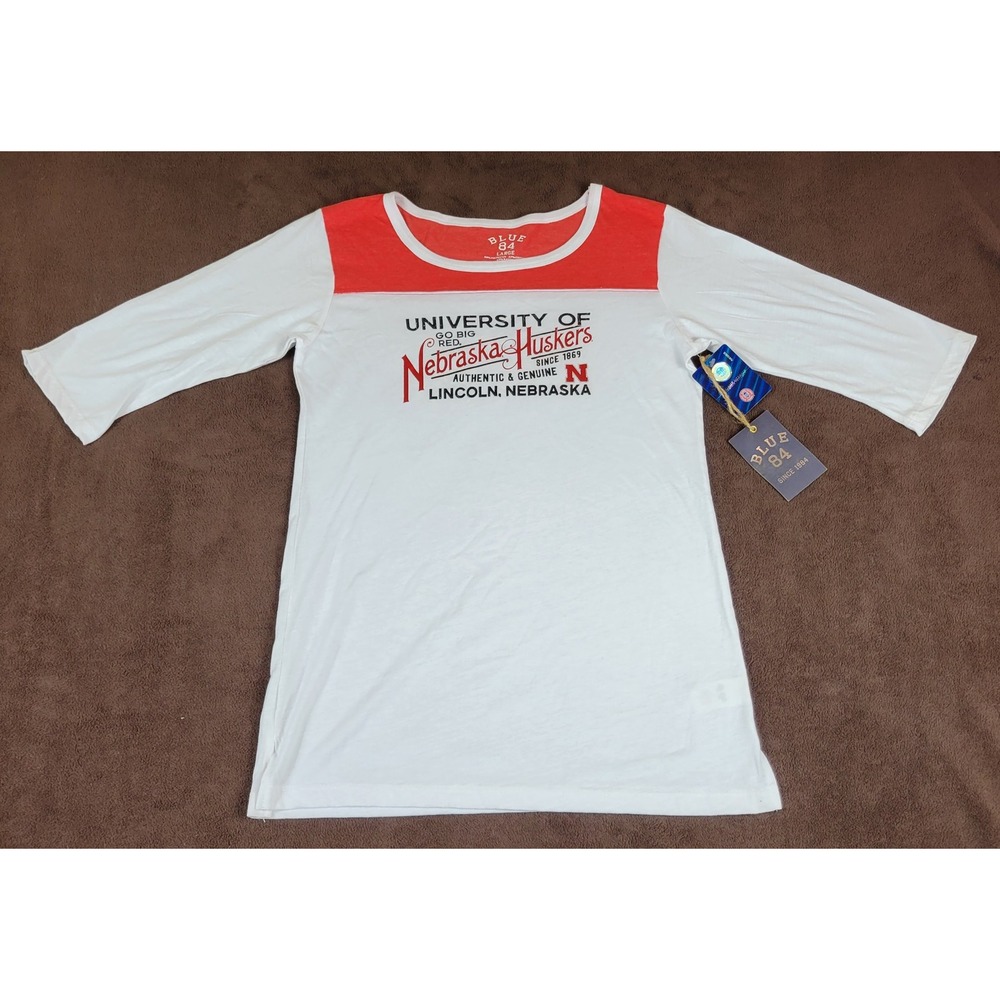 Blue 84 Nebraska Huskers Womens Large White Red 3/4 Sleeve Triblend T-Shirt NWT